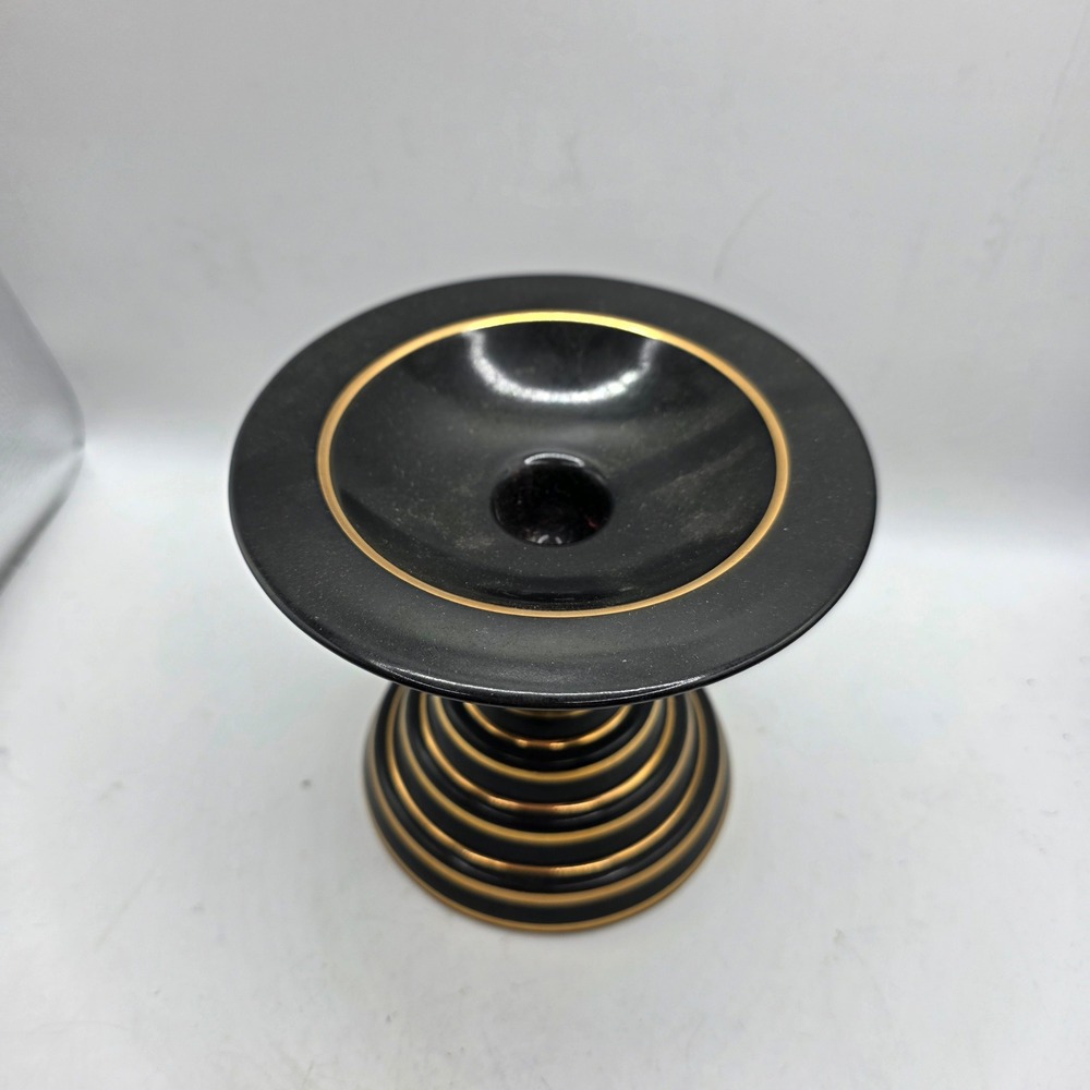 Julie & Tyrone Larson Studio Pottery Black Gold Pedestal Bowl Signed Postmodern